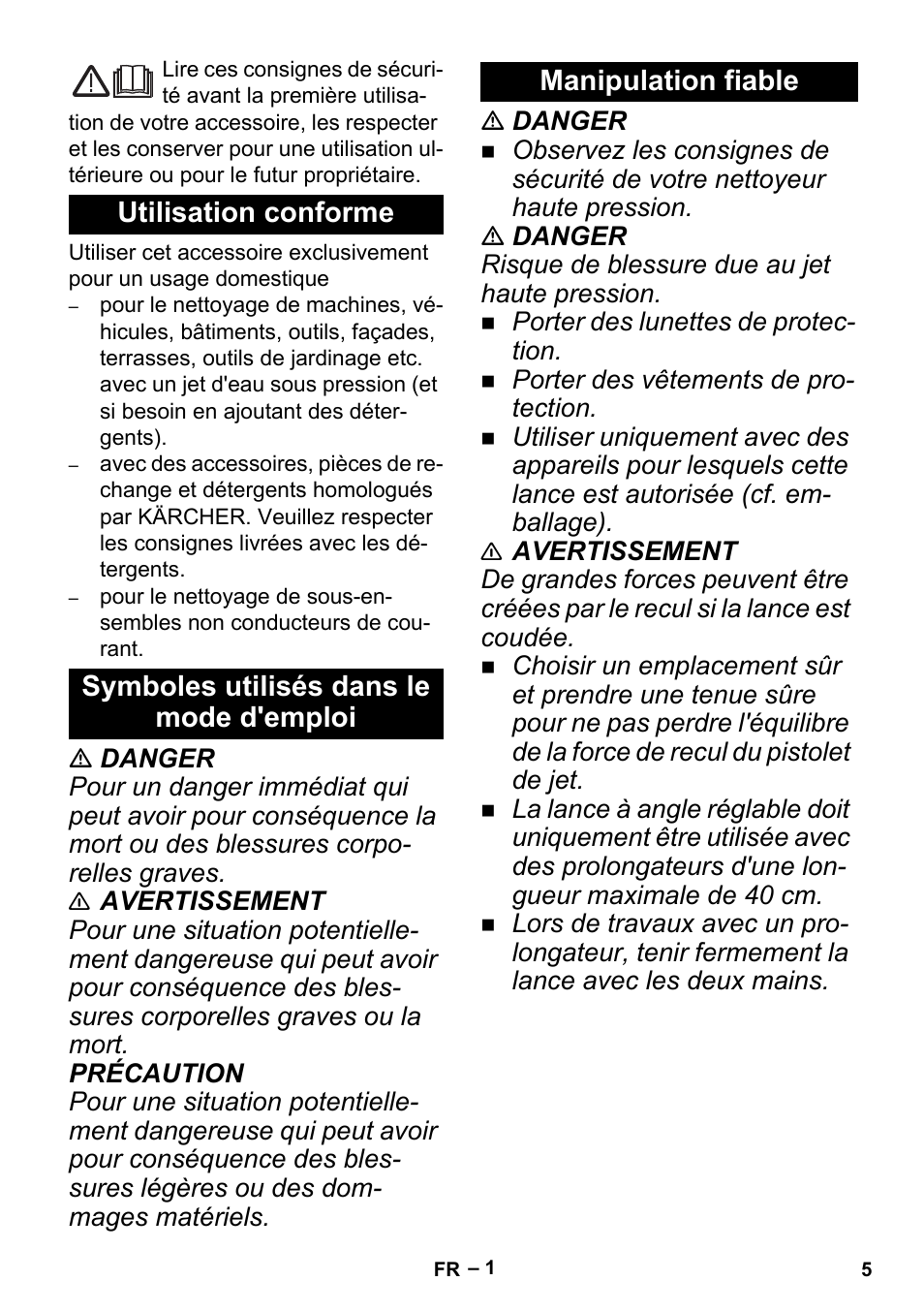 Français, Utilisation conforme, Symboles utilisés dans le mode d'emploi | Manipulation fiable | Karcher K 5 Premium Offroad User Manual | Page 5 / 36