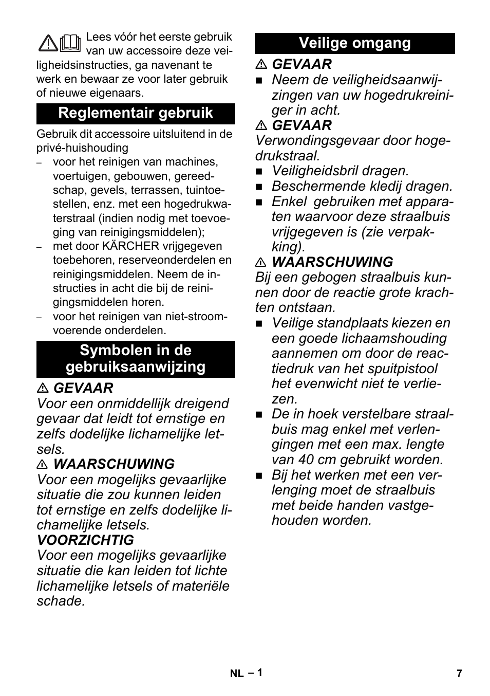 Nederlands, Reglementair gebruik, Symbolen in de gebruiksaanwijzing | Veilige omgang | Karcher K 5 Premium Offroad User Manual | Page 7 / 36