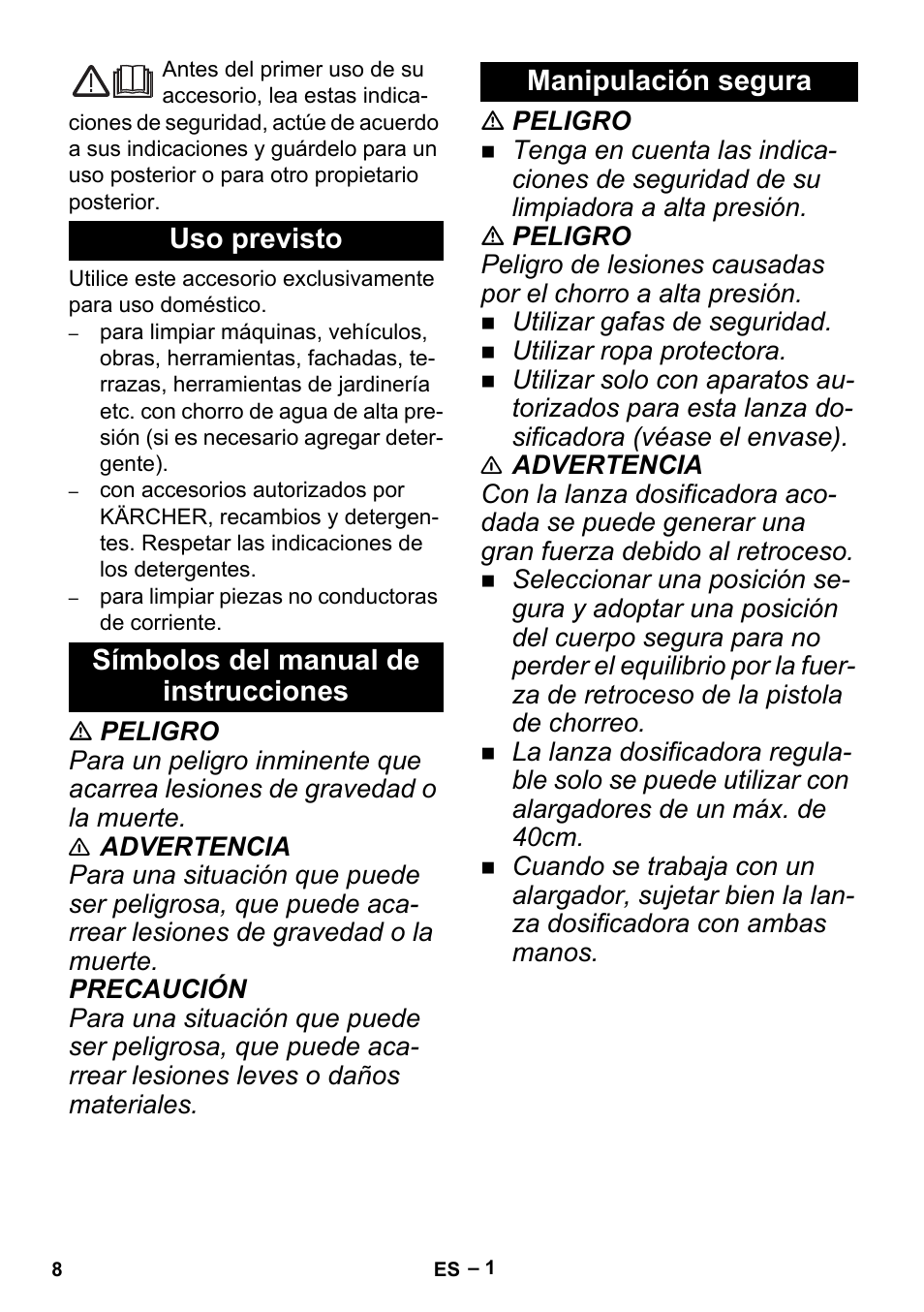 Español, Uso previsto, Símbolos del manual de instrucciones | Manipulación segura | Karcher K 5 Premium Offroad User Manual | Page 8 / 36