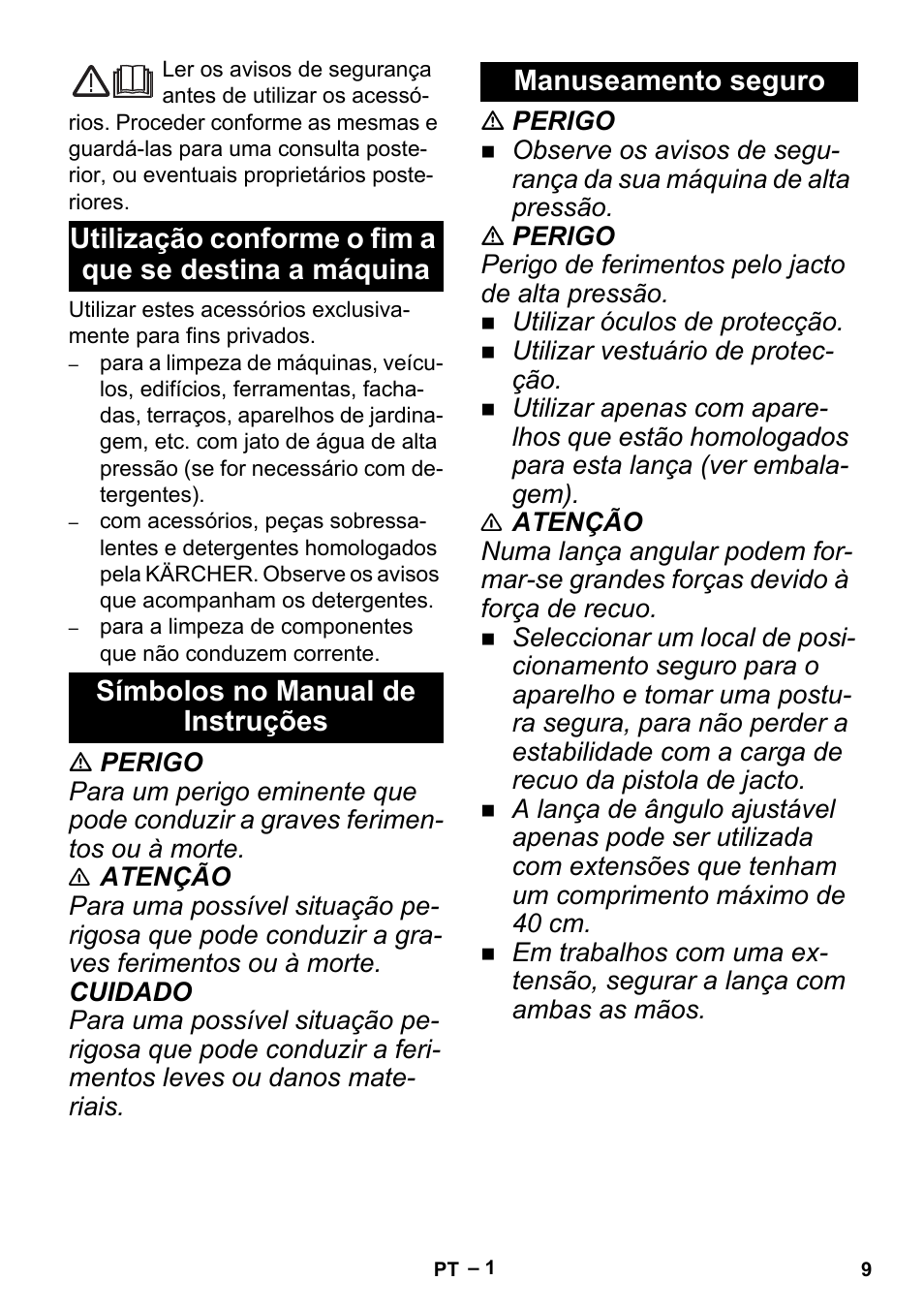 Português, Símbolos no manual de instruções, Manuseamento seguro | Karcher K 5 Premium Offroad User Manual | Page 9 / 36