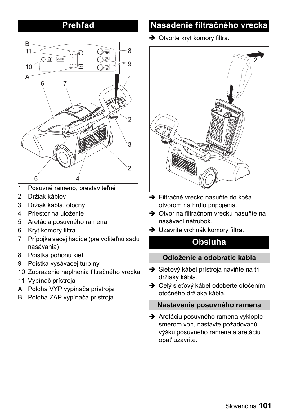 Prehľad nasadenie filtračného vrecka obsluha | Karcher CV 66-2 User Manual | Page 101 / 148