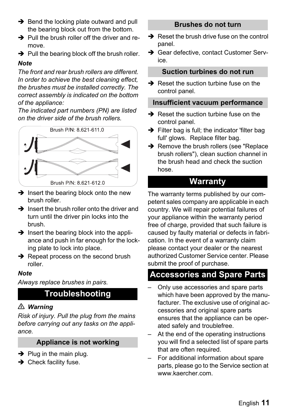 Troubleshooting, Warranty accessories and spare parts | Karcher CV 66-2 User Manual | Page 11 / 148