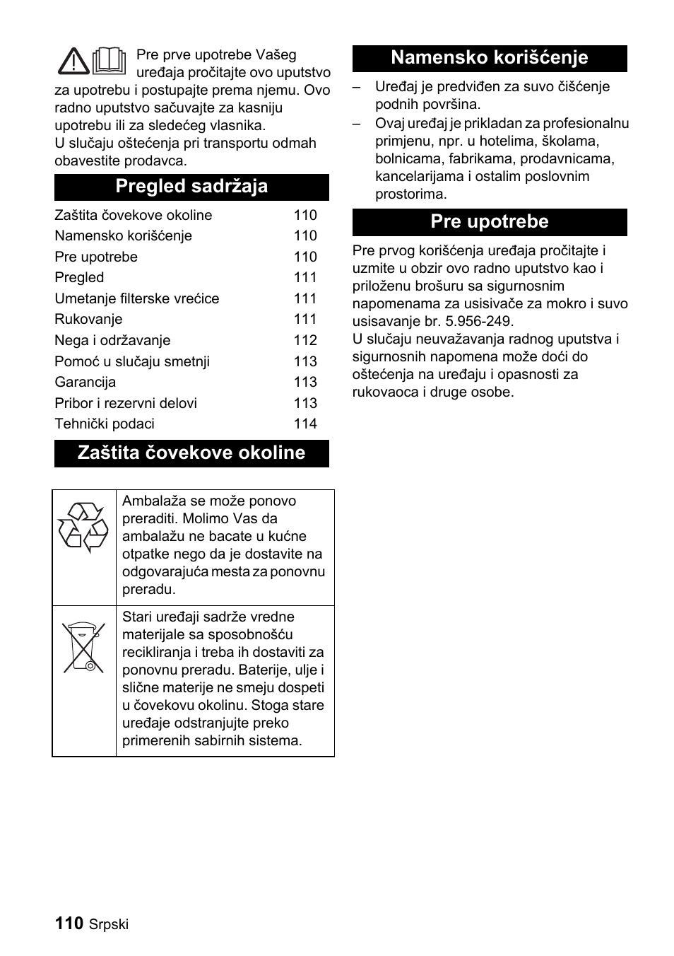 Pregled sadržaja zaštita čovekove okoline, Namensko korišćenje pre upotrebe | Karcher CV 66-2 User Manual | Page 110 / 148