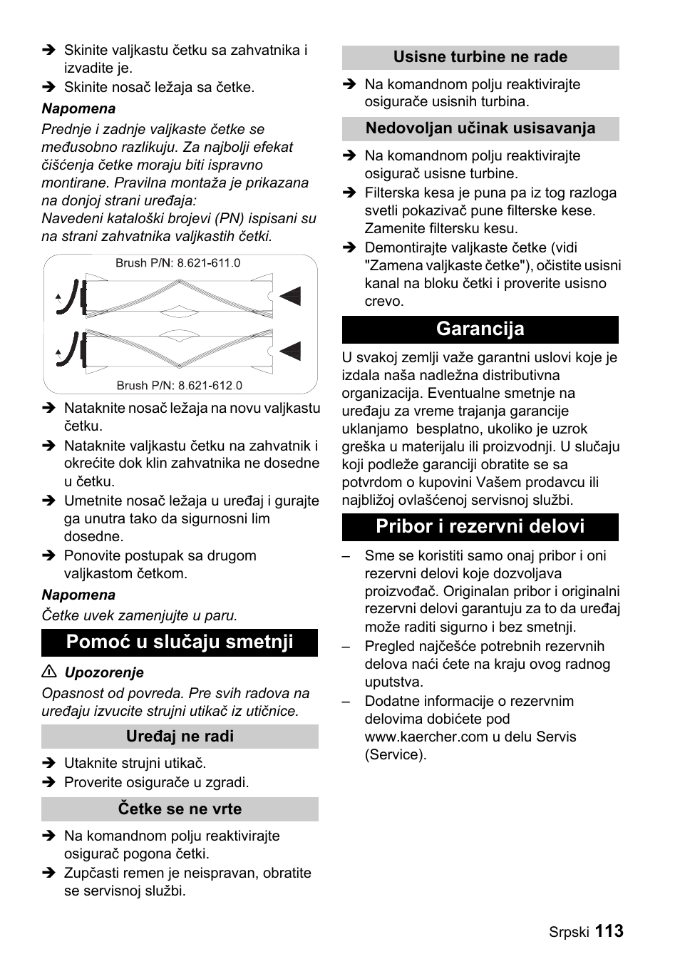 Pomoć u slučaju smetnji, Garancija pribor i rezervni delovi | Karcher CV 66-2 User Manual | Page 113 / 148