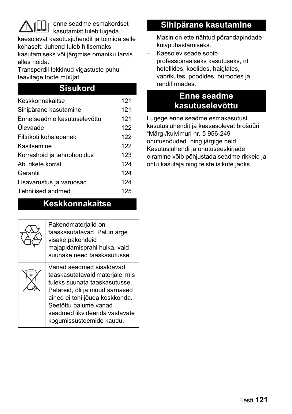 Sisukord keskkonnakaitse, Sihipärane kasutamine enne seadme kasutuselevõttu | Karcher CV 66-2 User Manual | Page 121 / 148