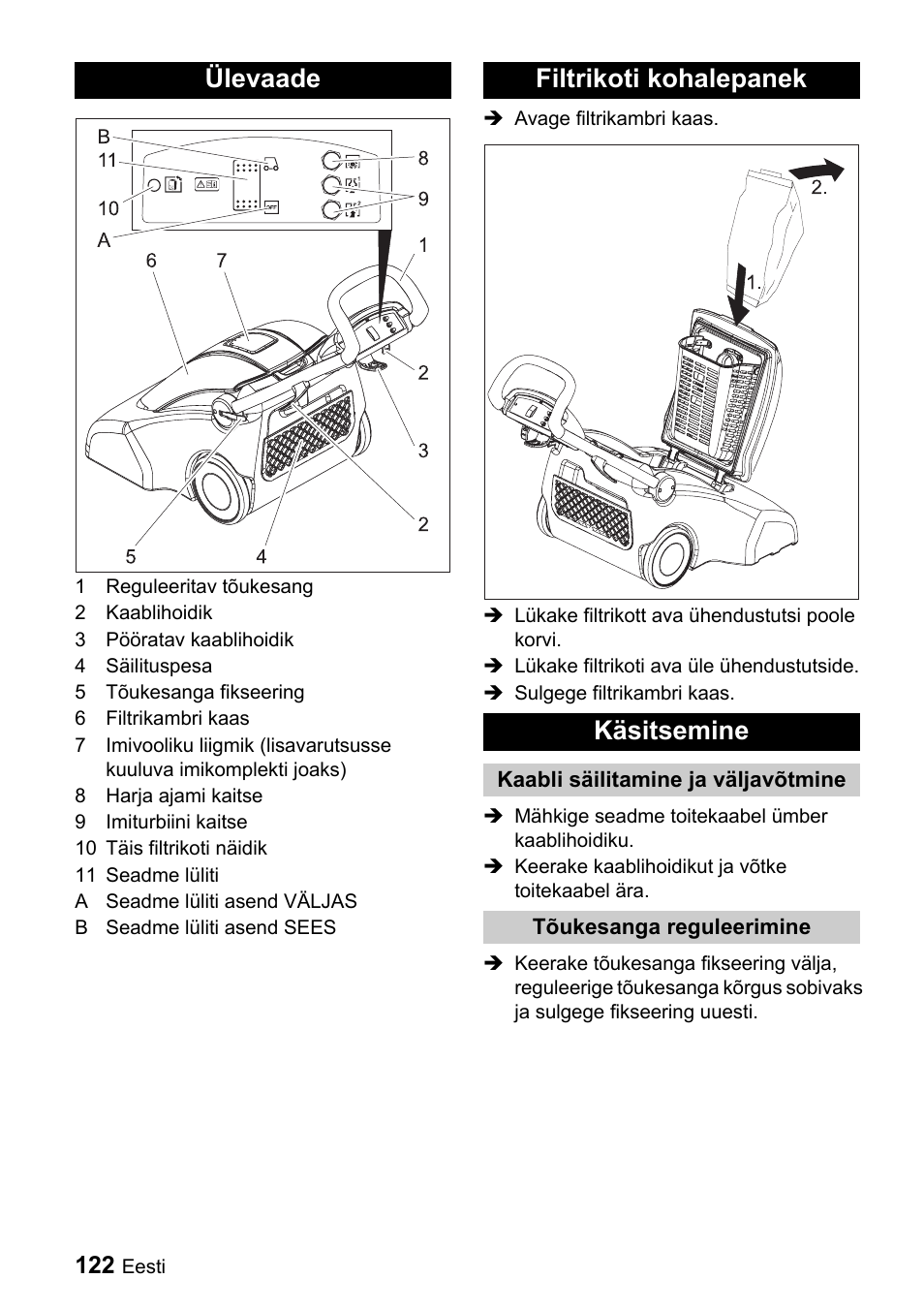 Ülevaade filtrikoti kohalepanek käsitsemine | Karcher CV 66-2 User Manual | Page 122 / 148