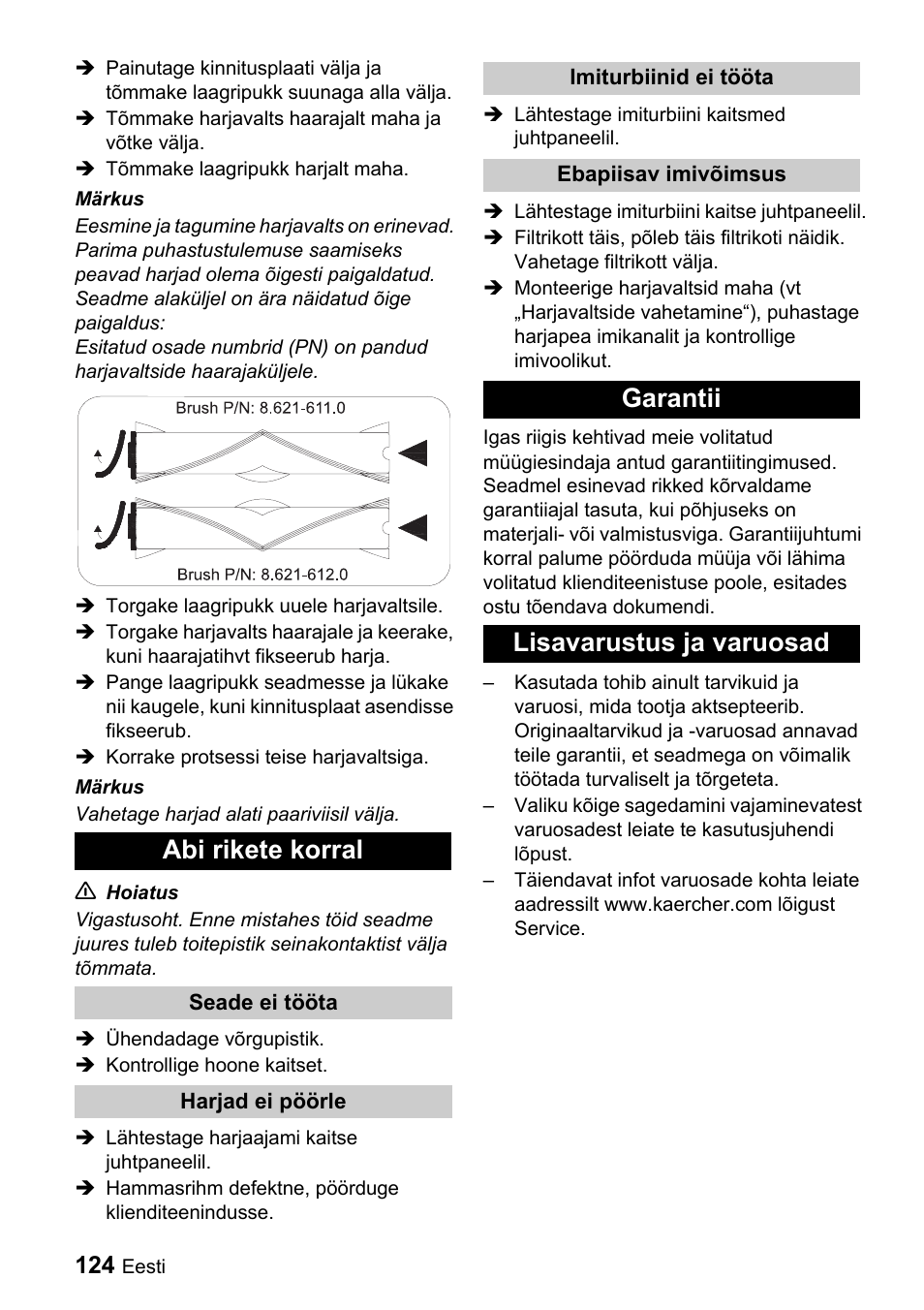 Abi rikete korral, Garantii lisavarustus ja varuosad | Karcher CV 66-2 User Manual | Page 124 / 148