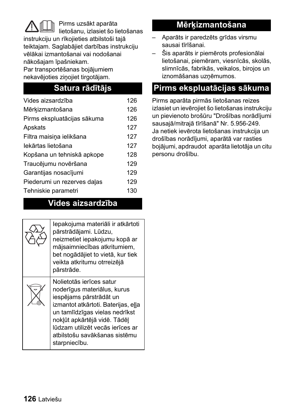Satura rādītājs vides aizsardzība, Mērķizmantošana pirms ekspluatācijas sākuma | Karcher CV 66-2 User Manual | Page 126 / 148