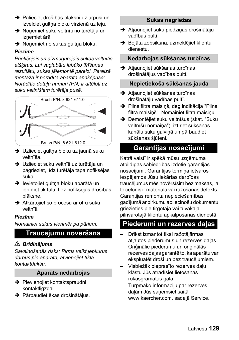 Traucējumu novēršana, Garantijas nosacījumi piederumi un rezerves daļas | Karcher CV 66-2 User Manual | Page 129 / 148
