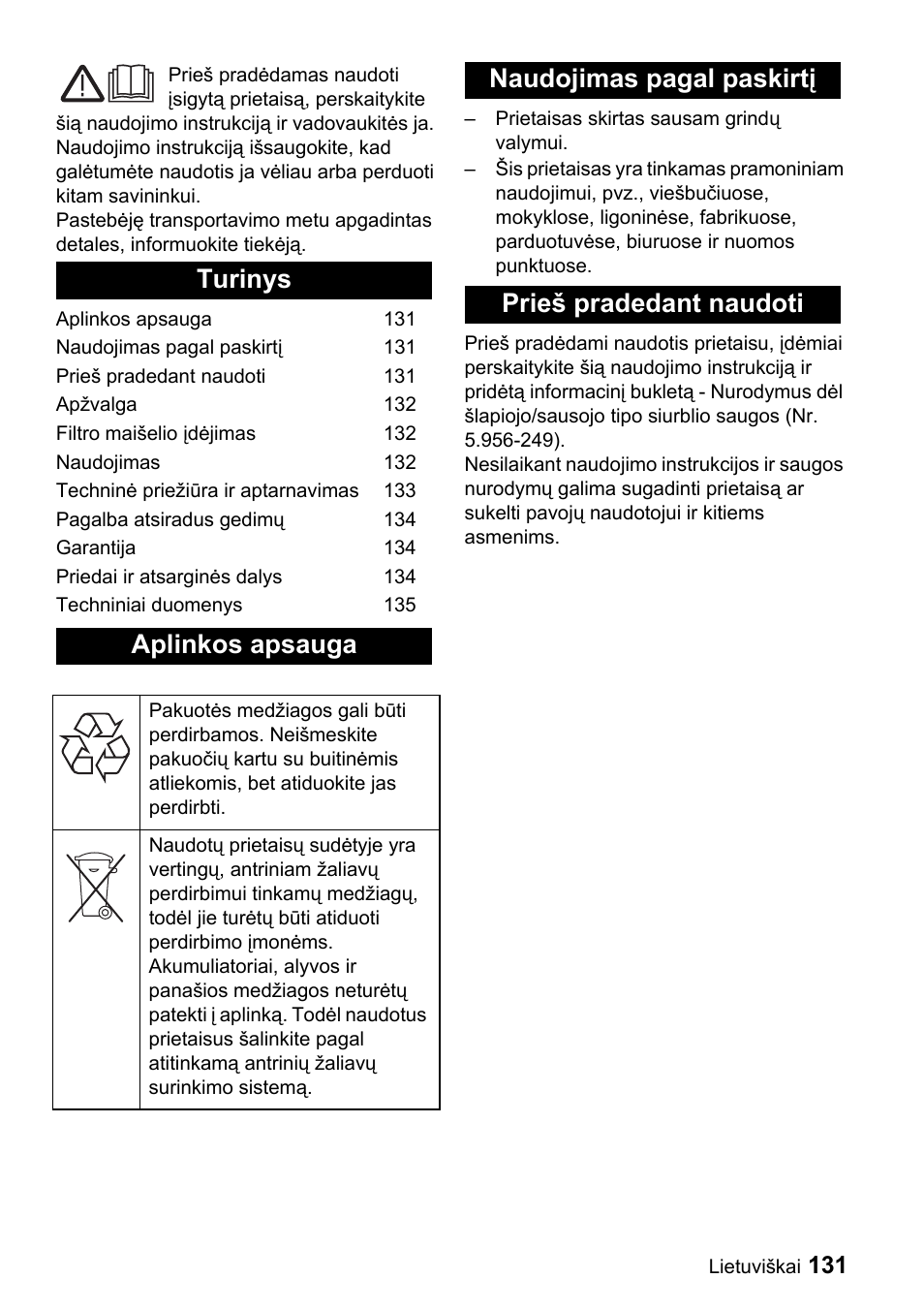 Turinys aplinkos apsauga, Naudojimas pagal paskirtį prieš pradedant naudoti | Karcher CV 66-2 User Manual | Page 131 / 148