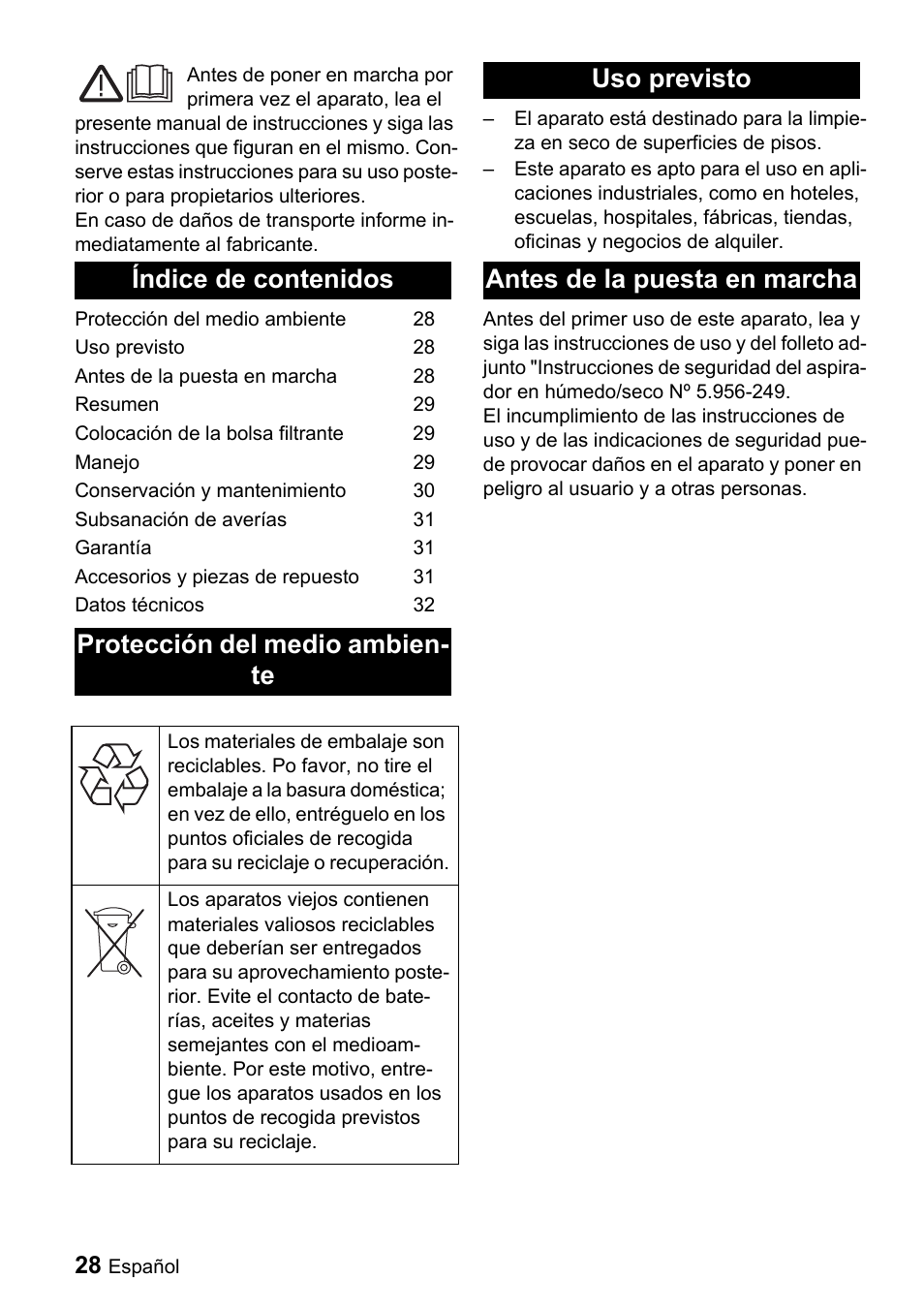 Uso previsto antes de la puesta en marcha | Karcher CV 66-2 User Manual | Page 28 / 148
