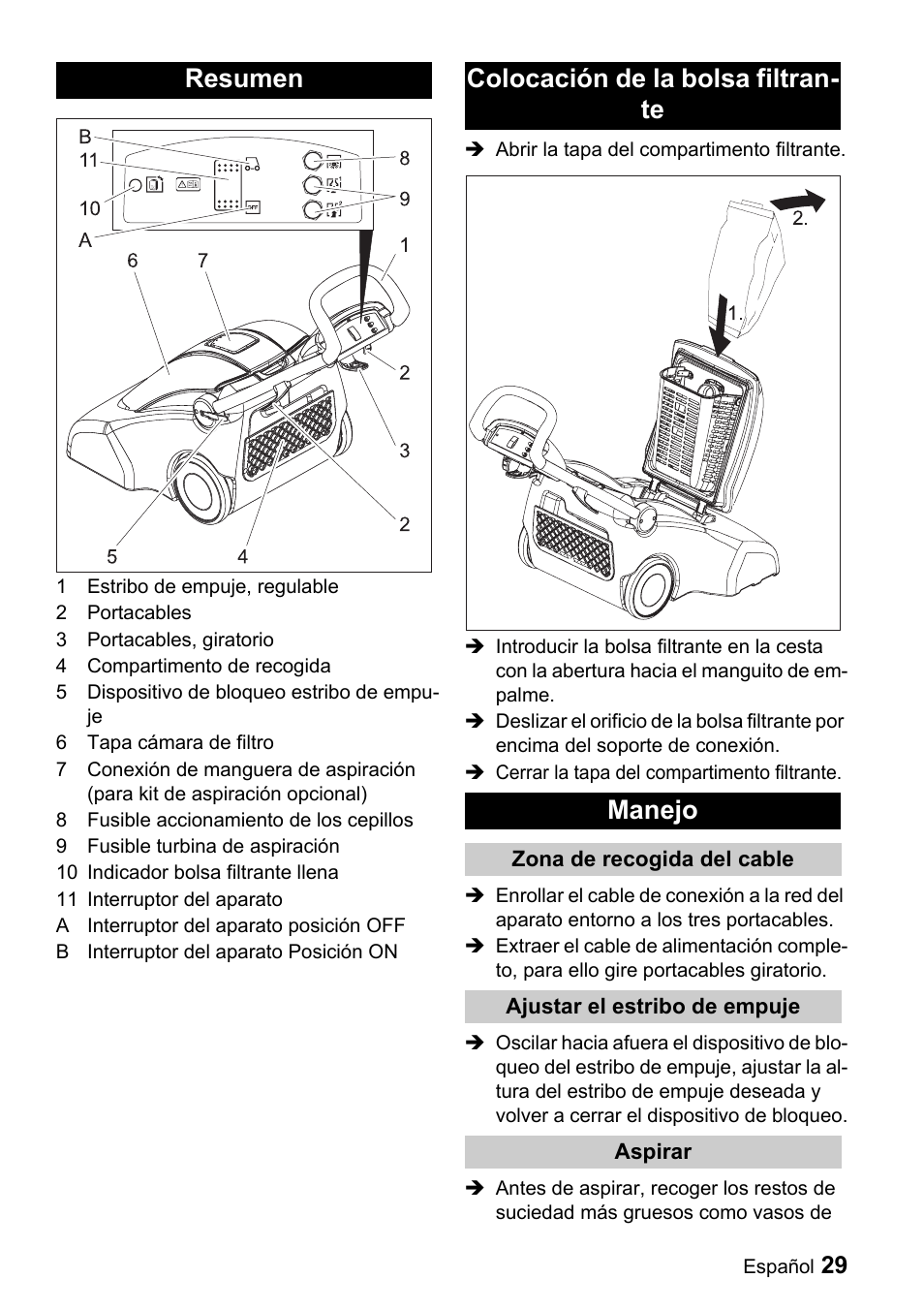 Resumen colocación de la bolsa filtran- te manejo | Karcher CV 66-2 User Manual | Page 29 / 148