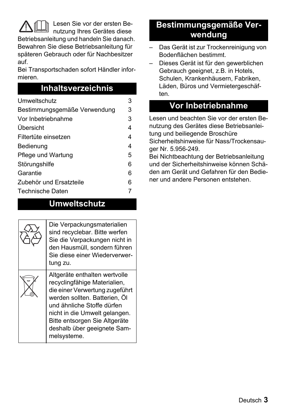 Inhaltsverzeichnis umweltschutz, Bestimmungsgemäße ver- wendung vor inbetriebnahme | Karcher CV 66-2 User Manual | Page 3 / 148