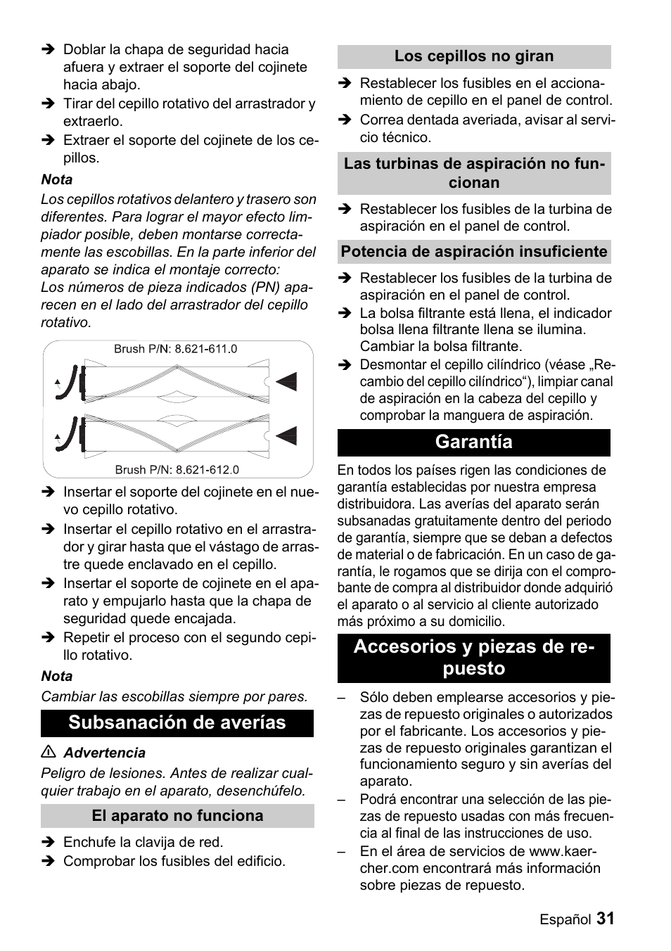 Subsanación de averías, Garantía accesorios y piezas de re- puesto | Karcher CV 66-2 User Manual | Page 31 / 148