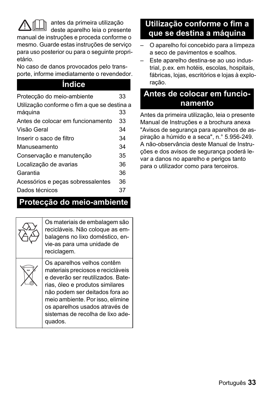 Índice protecção do meio-ambiente | Karcher CV 66-2 User Manual | Page 33 / 148