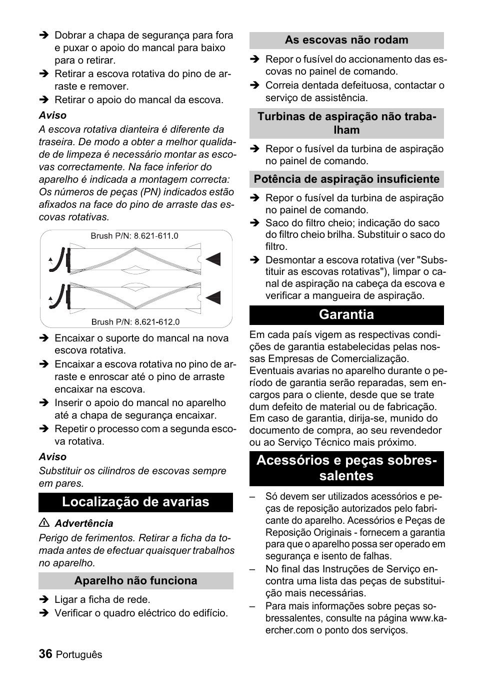 Localização de avarias, Garantia acessórios e peças sobres- salentes | Karcher CV 66-2 User Manual | Page 36 / 148