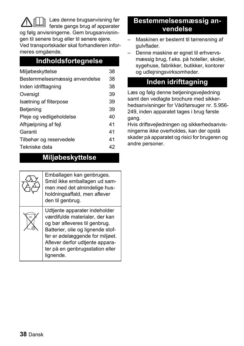 Indholdsfortegnelse miljøbeskyttelse | Karcher CV 66-2 User Manual | Page 38 / 148