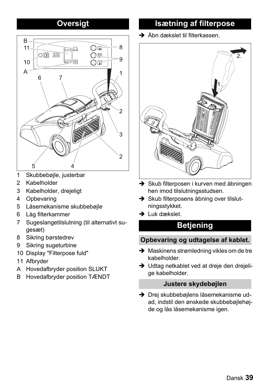 Oversigt isætning af filterpose betjening | Karcher CV 66-2 User Manual | Page 39 / 148