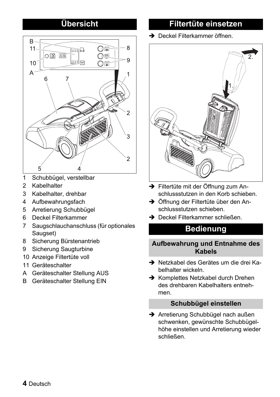 Übersicht filtertüte einsetzen bedienung | Karcher CV 66-2 User Manual | Page 4 / 148