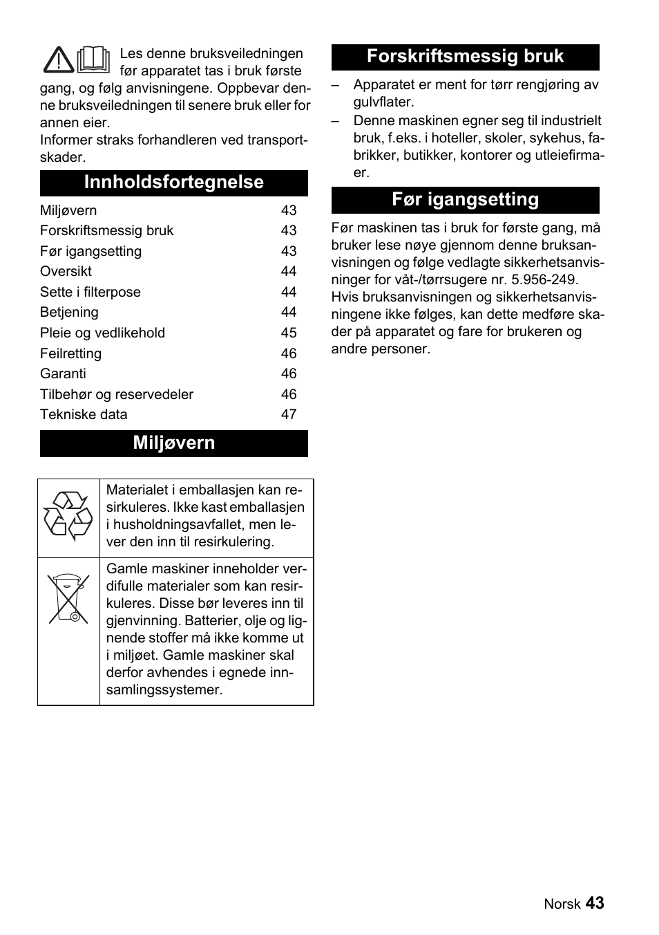 Innholdsfortegnelse miljøvern, Forskriftsmessig bruk før igangsetting | Karcher CV 66-2 User Manual | Page 43 / 148