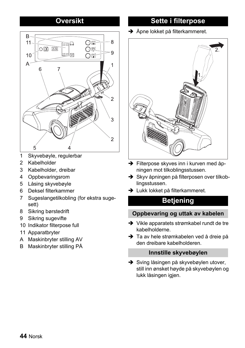 Oversikt sette i filterpose betjening | Karcher CV 66-2 User Manual | Page 44 / 148