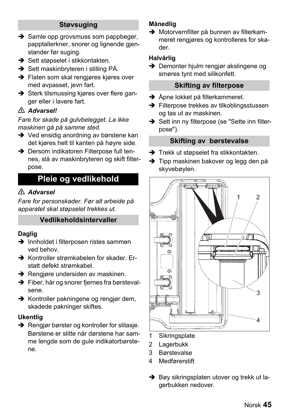 Pleie og vedlikehold | Karcher CV 66-2 User Manual | Page 45 / 148