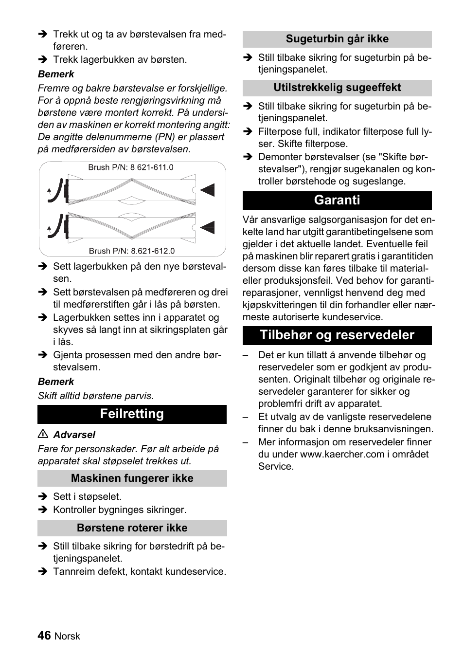 Feilretting, Garanti tilbehør og reservedeler | Karcher CV 66-2 User Manual | Page 46 / 148