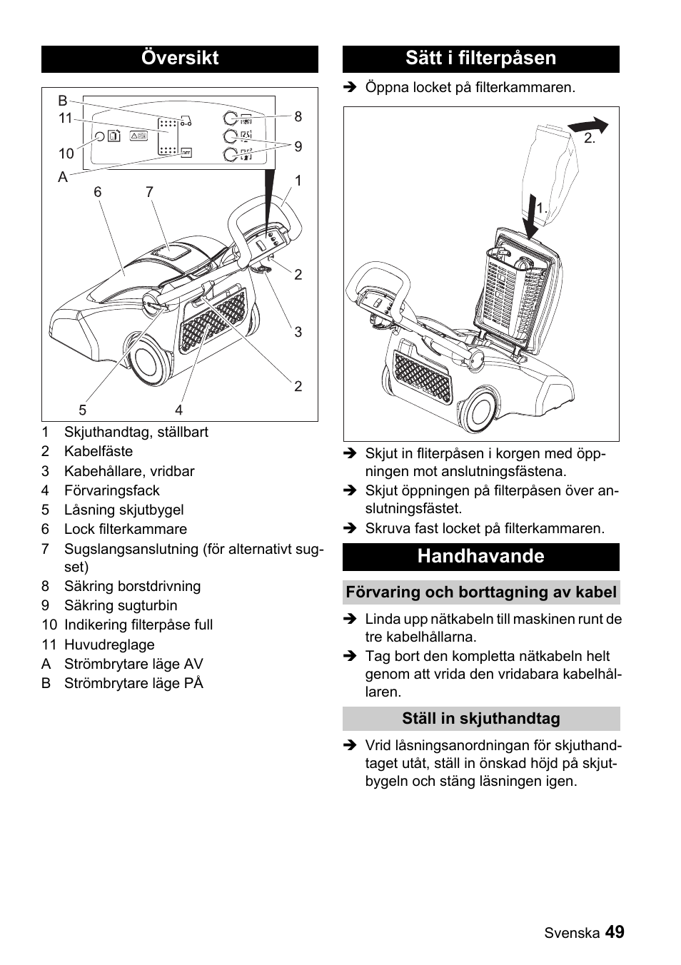 Översikt sätt i filterpåsen handhavande | Karcher CV 66-2 User Manual | Page 49 / 148