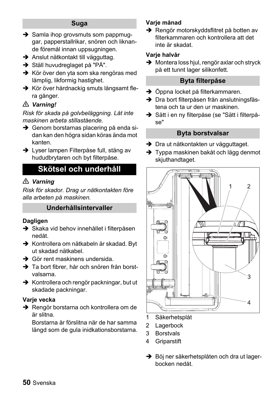 Skötsel och underhåll | Karcher CV 66-2 User Manual | Page 50 / 148