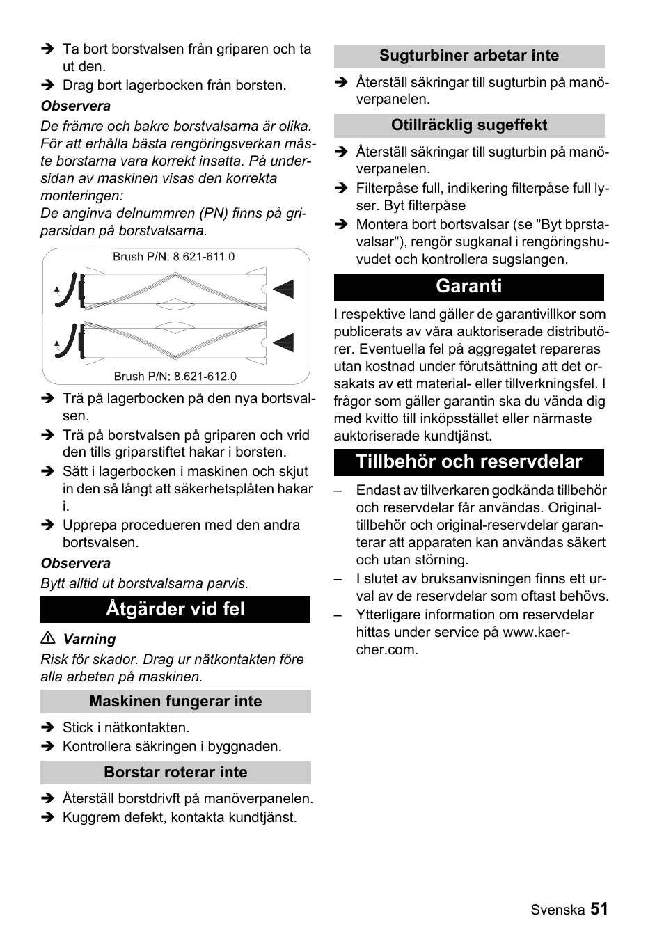 Åtgärder vid fel, Garanti tillbehör och reservdelar | Karcher CV 66-2 User Manual | Page 51 / 148