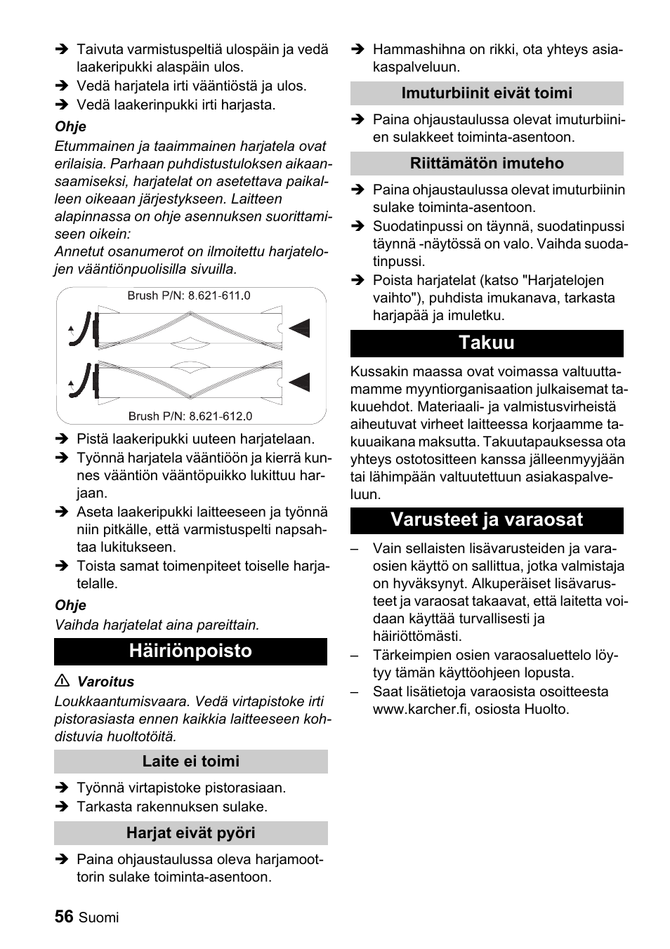 Häiriönpoisto, Takuu varusteet ja varaosat | Karcher CV 66-2 User Manual | Page 56 / 148