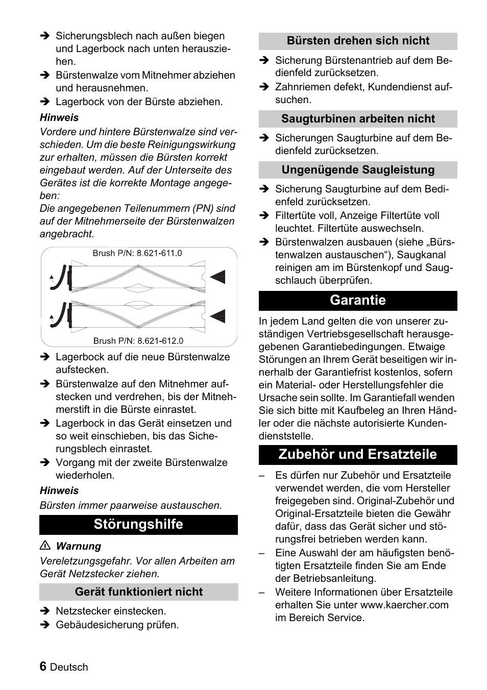 Störungshilfe, Garantie zubehör und ersatzteile | Karcher CV 66-2 User Manual | Page 6 / 148