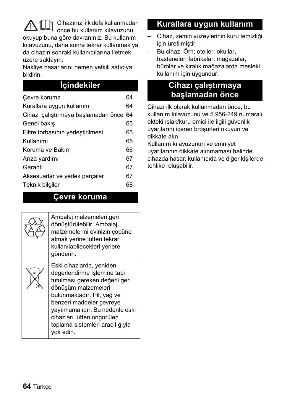 Içindekiler çevre koruma | Karcher CV 66-2 User Manual | Page 64 / 148