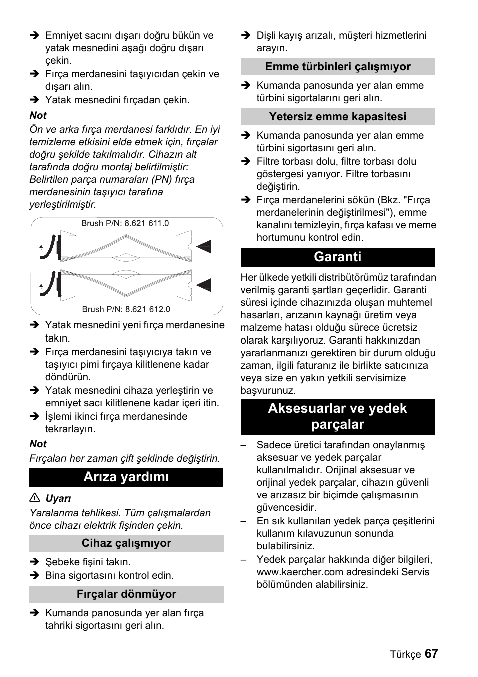 Arıza yardımı, Garanti aksesuarlar ve yedek parçalar | Karcher CV 66-2 User Manual | Page 67 / 148