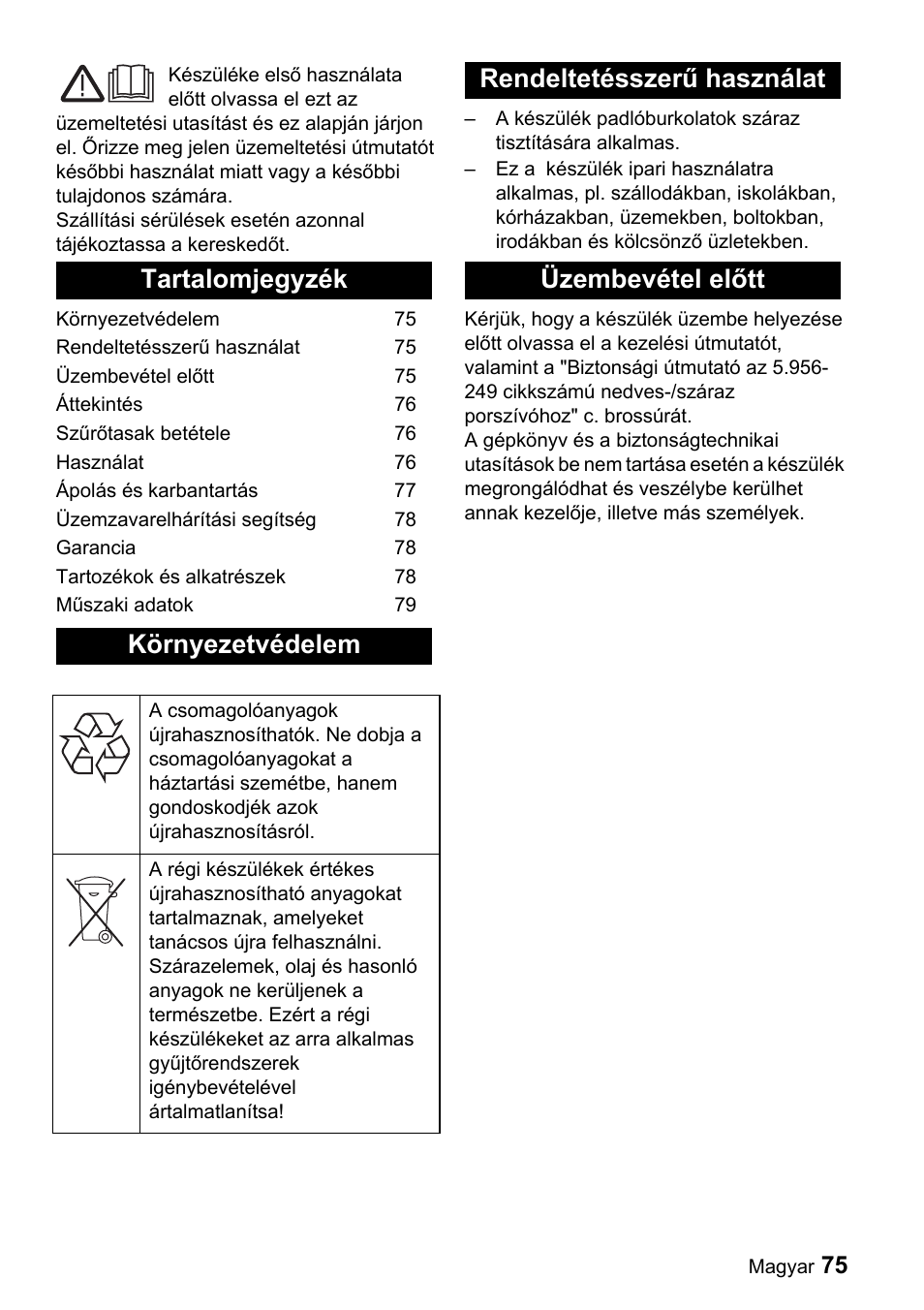 Tartalomjegyzék környezetvédelem, Rendeltetésszerű használat üzembevétel előtt | Karcher CV 66-2 User Manual | Page 75 / 148