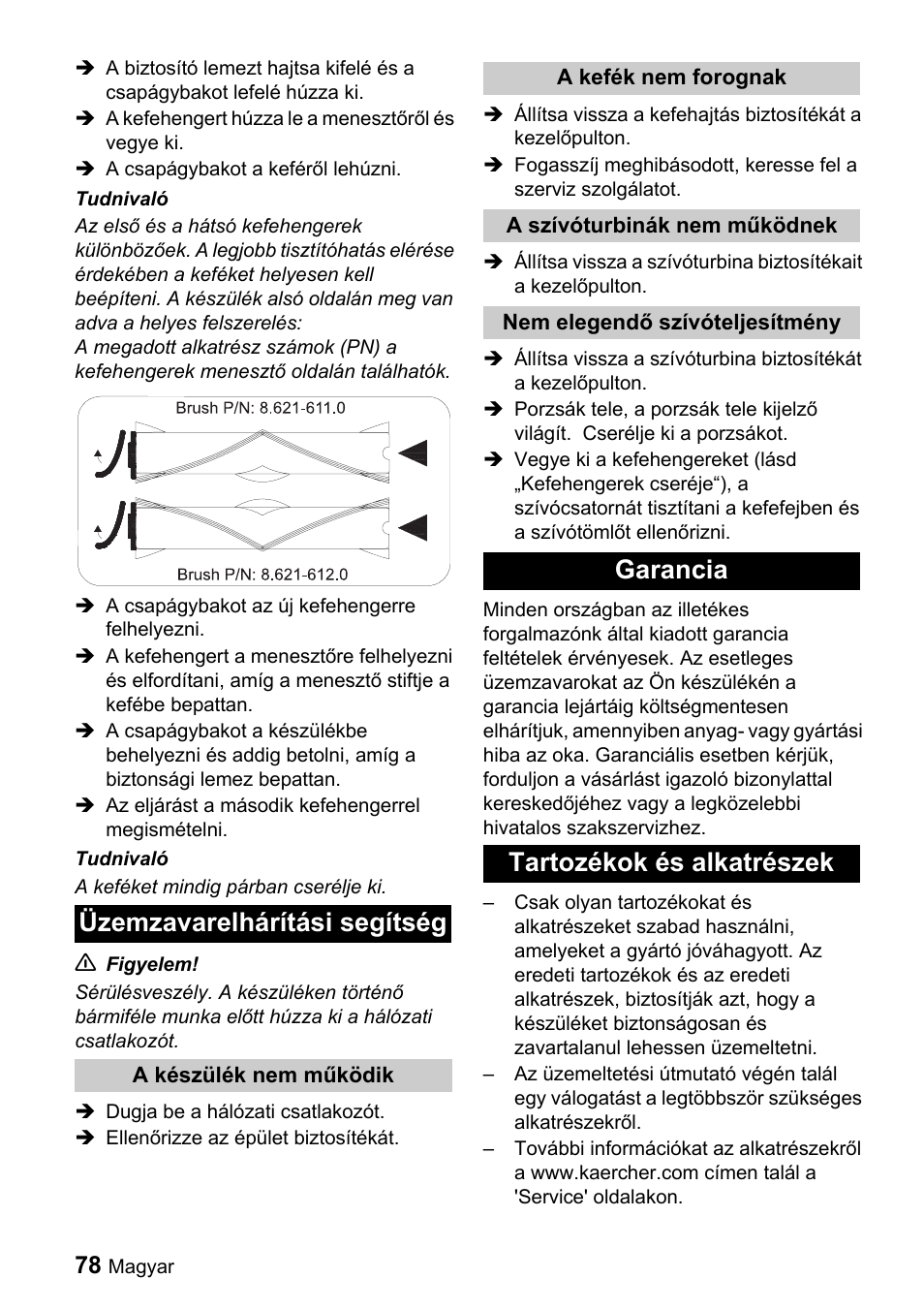 Üzemzavarelhárítási segítség, Garancia tartozékok és alkatrészek | Karcher CV 66-2 User Manual | Page 78 / 148