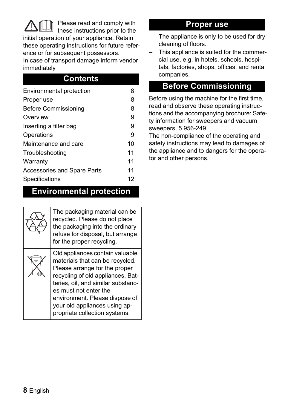 Contents environmental protection, Proper use before commissioning | Karcher CV 66-2 User Manual | Page 8 / 148