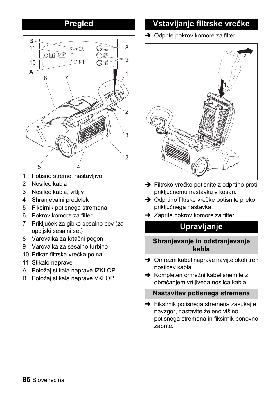 Pregled vstavljanje filtrske vrečke upravljanje | Karcher CV 66-2 User Manual | Page 86 / 148