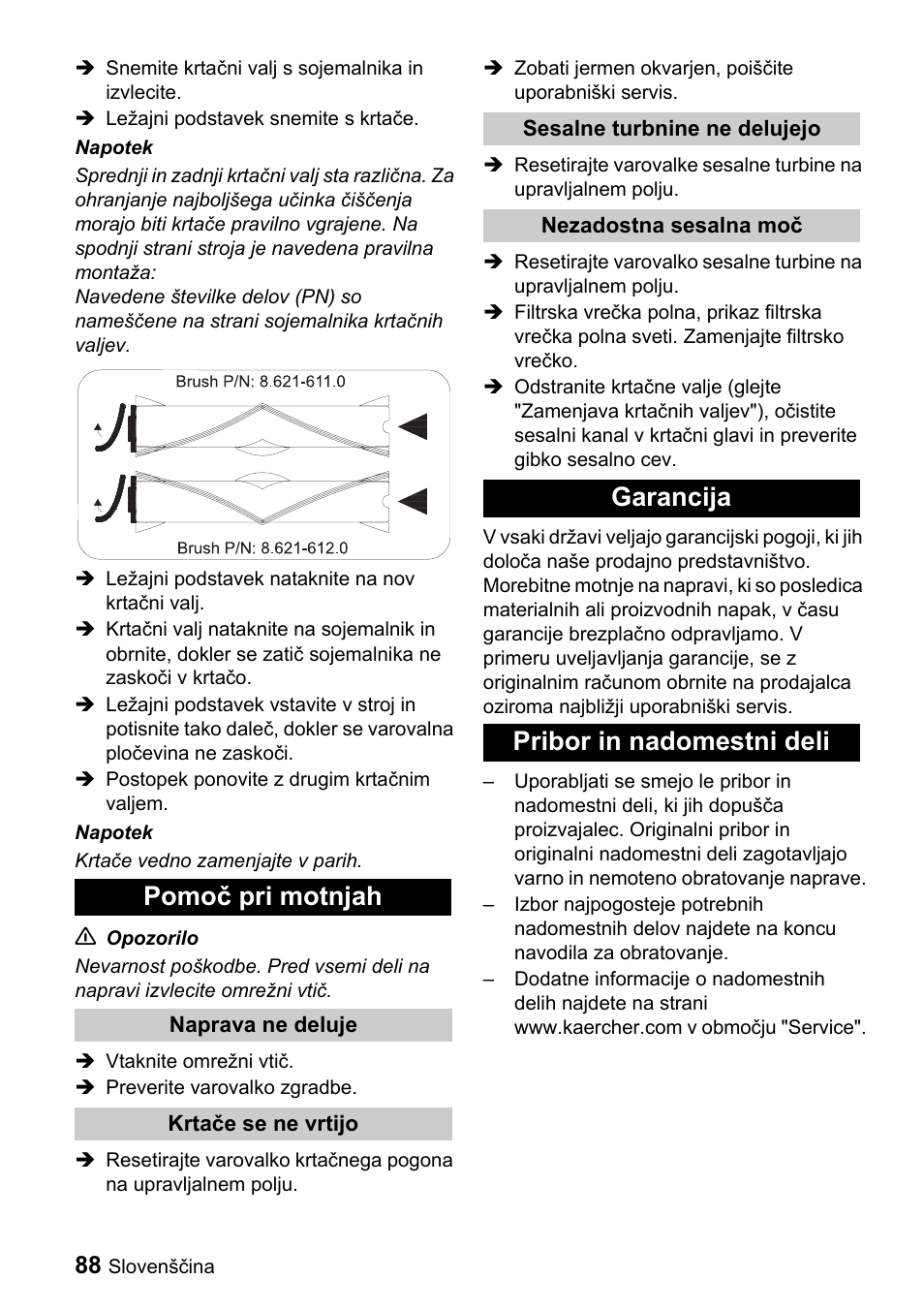 Pomoč pri motnjah, Garancija pribor in nadomestni deli | Karcher CV 66-2 User Manual | Page 88 / 148