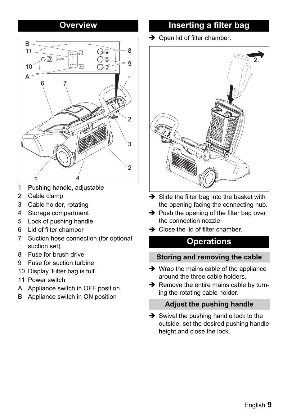 Overview inserting a filter bag operations | Karcher CV 66-2 User Manual | Page 9 / 148