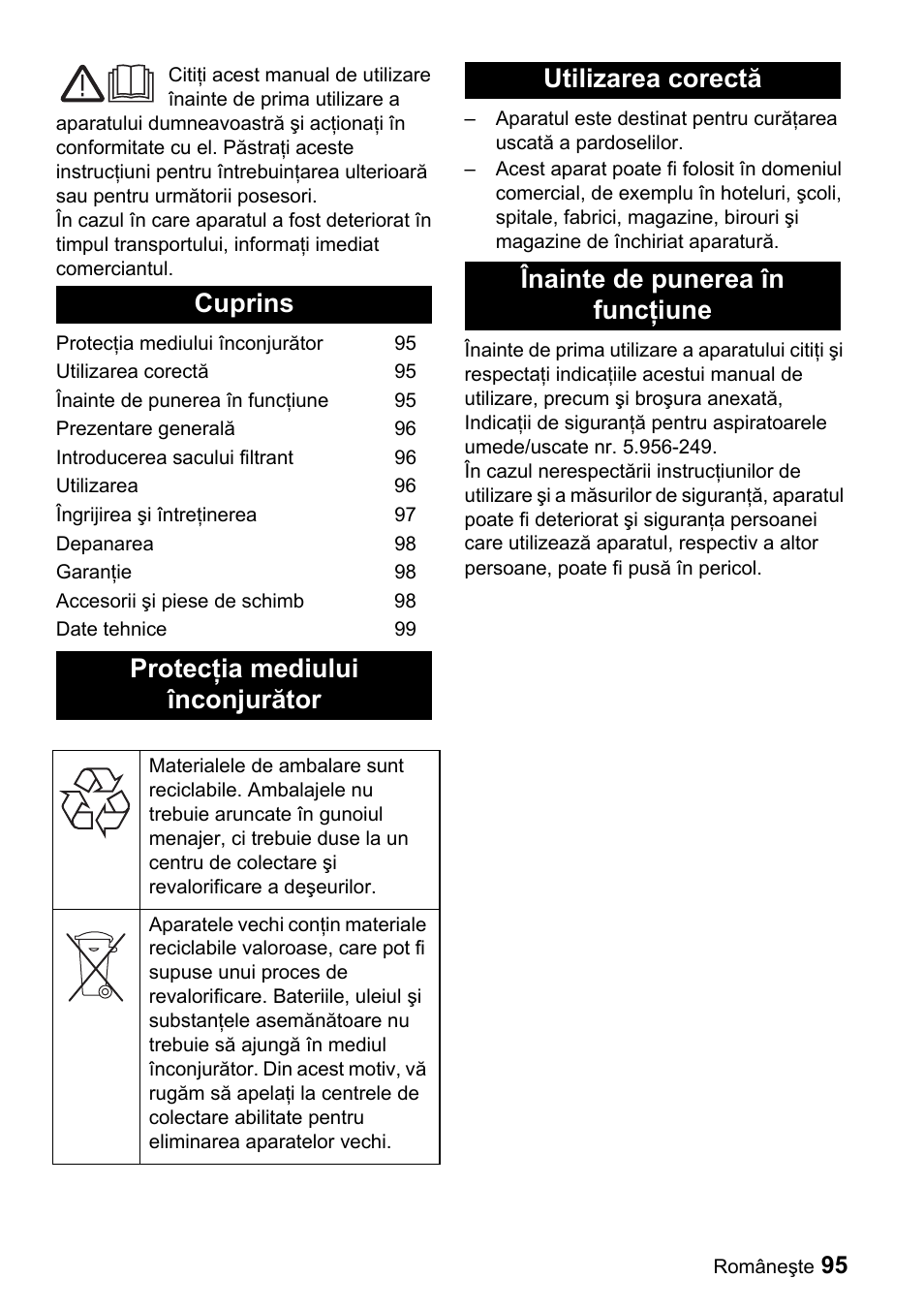 Cuprins protecţia mediului înconjurător, Utilizarea corectă înainte de punerea în funcţiune | Karcher CV 66-2 User Manual | Page 95 / 148