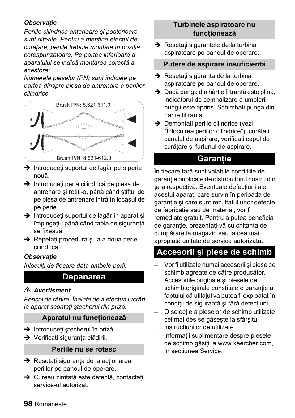 Depanarea, Garanţie accesorii şi piese de schimb | Karcher CV 66-2 User Manual | Page 98 / 148