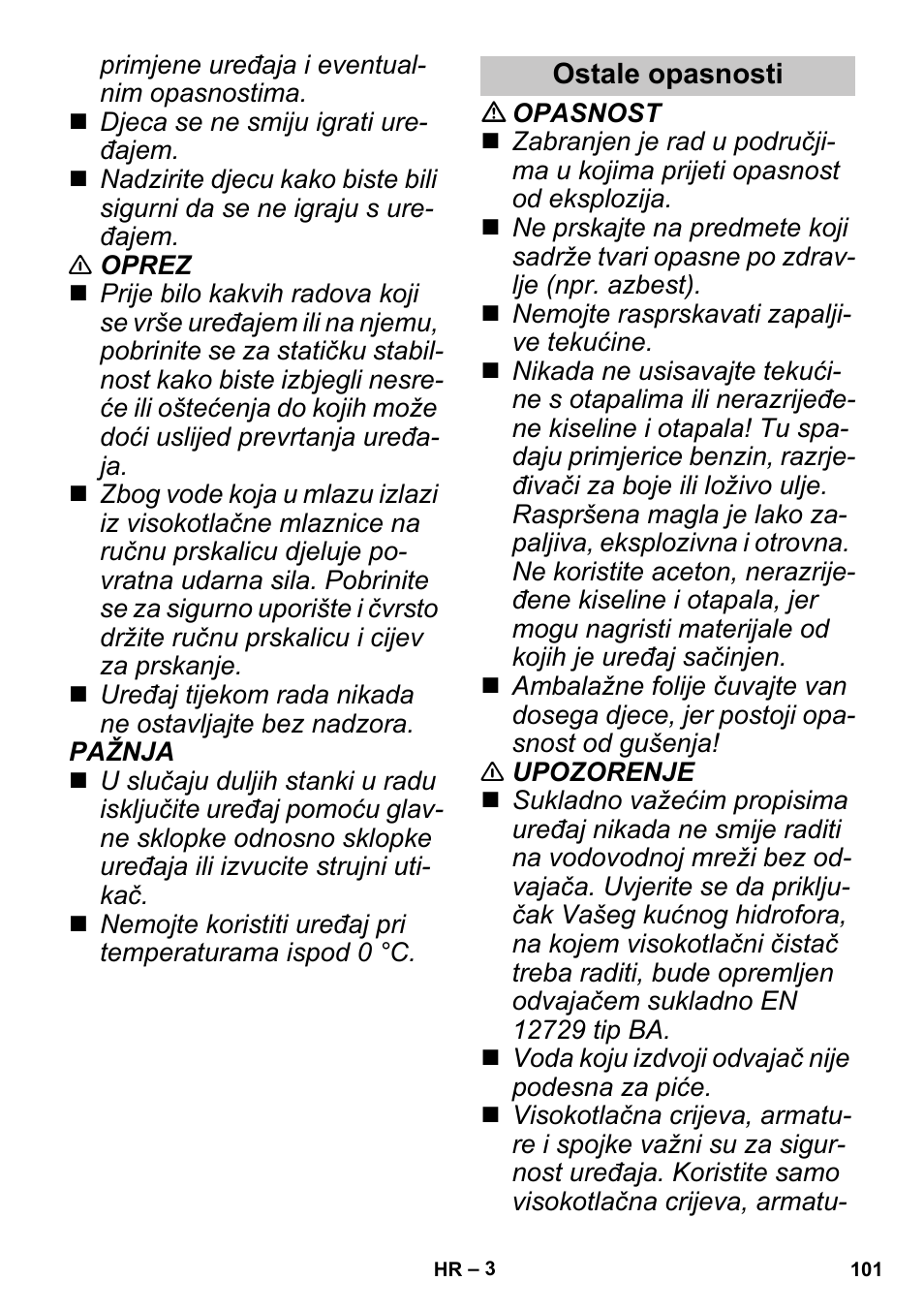 Ostale opasnosti | Karcher K 3 Sport User Manual | Page 101 / 144