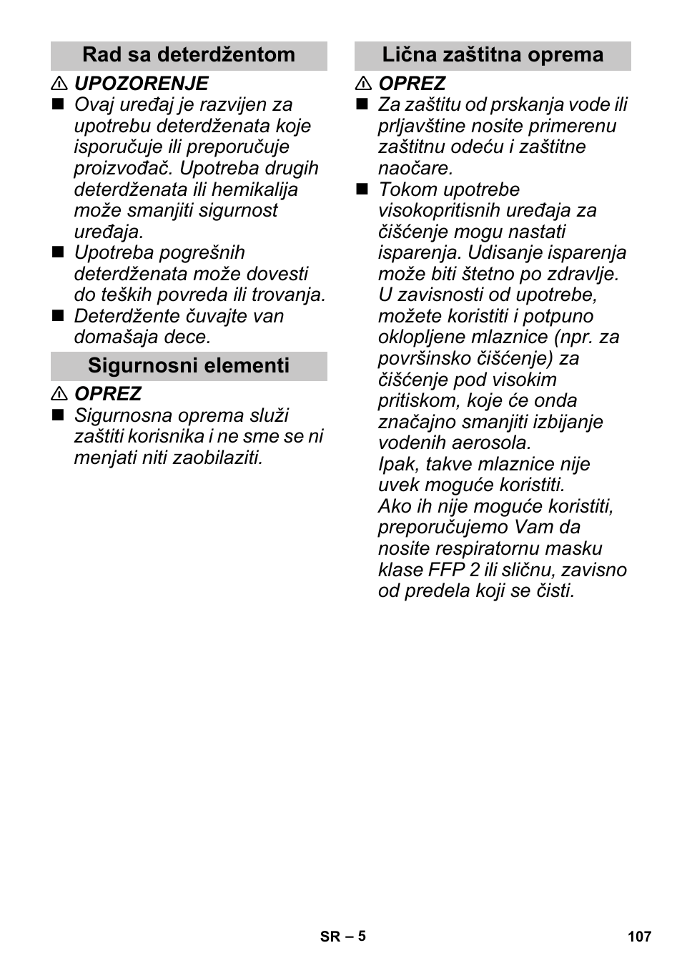 Rad sa deterdžentom, Sigurnosni elementi, Lična zaštitna oprema | Karcher K 3 Sport User Manual | Page 107 / 144