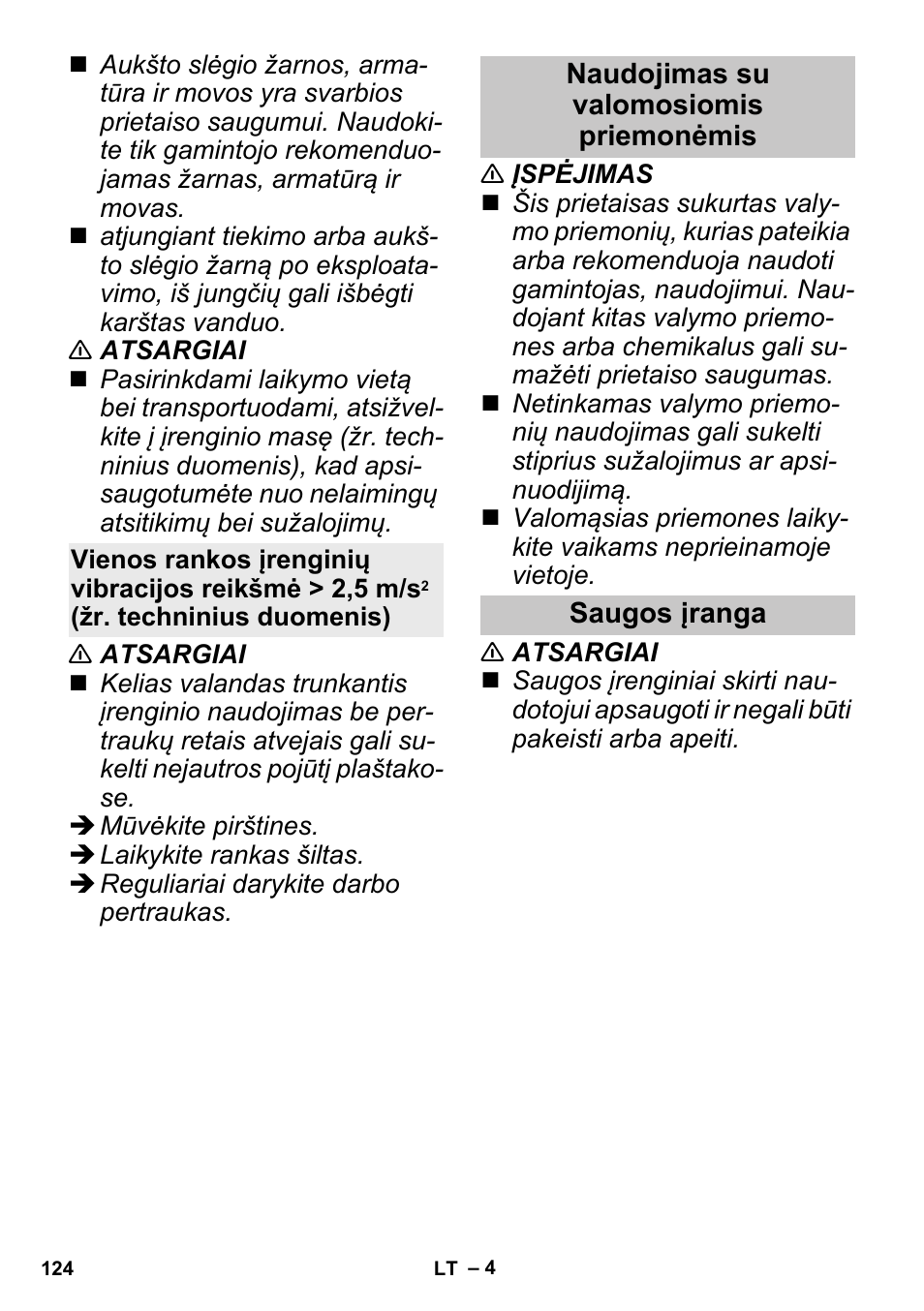 Naudojimas su valomosiomis priemonėmis, Saugos įranga | Karcher K 3 Sport User Manual | Page 124 / 144