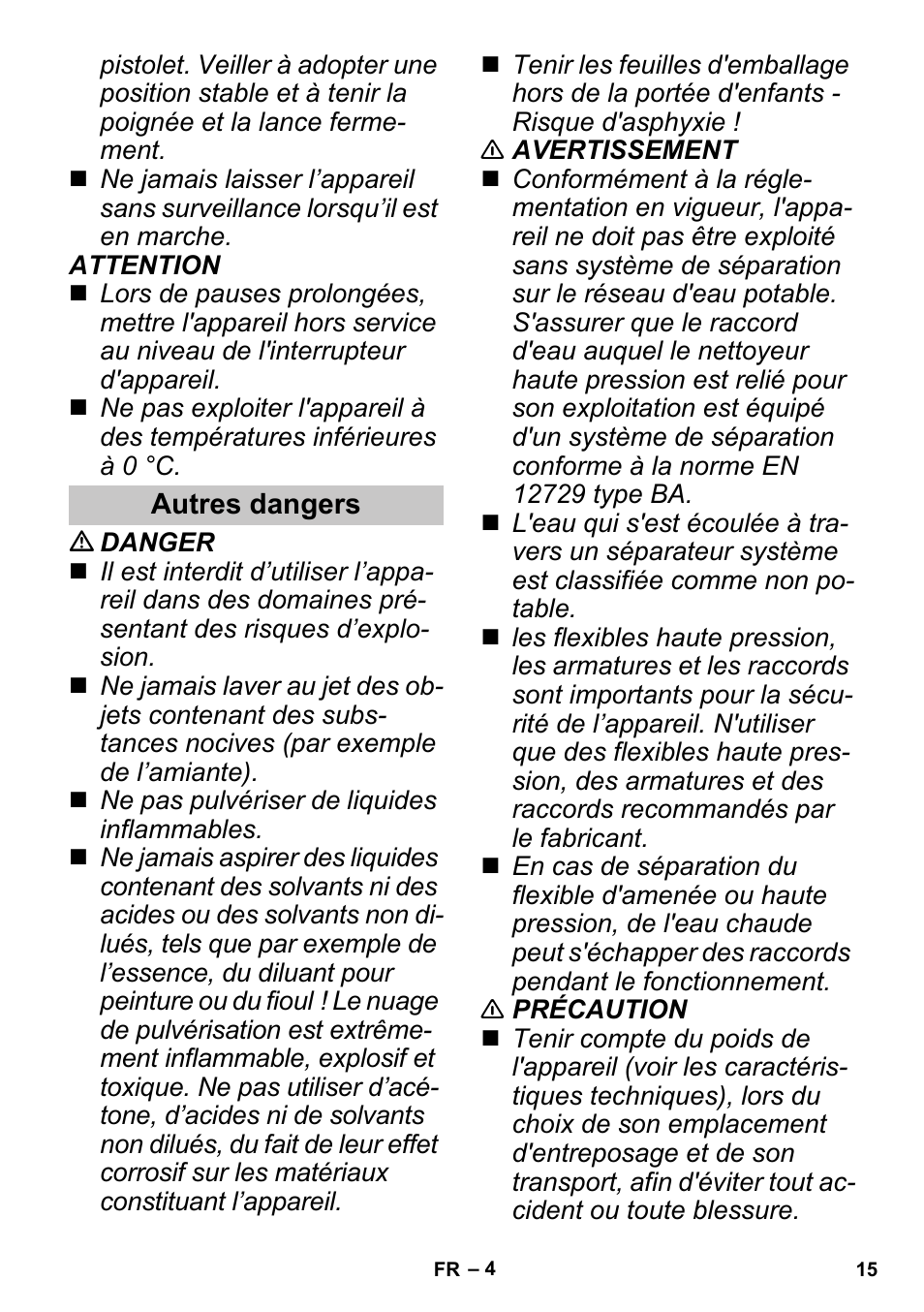 Autres dangers | Karcher K 3 Sport User Manual | Page 15 / 144