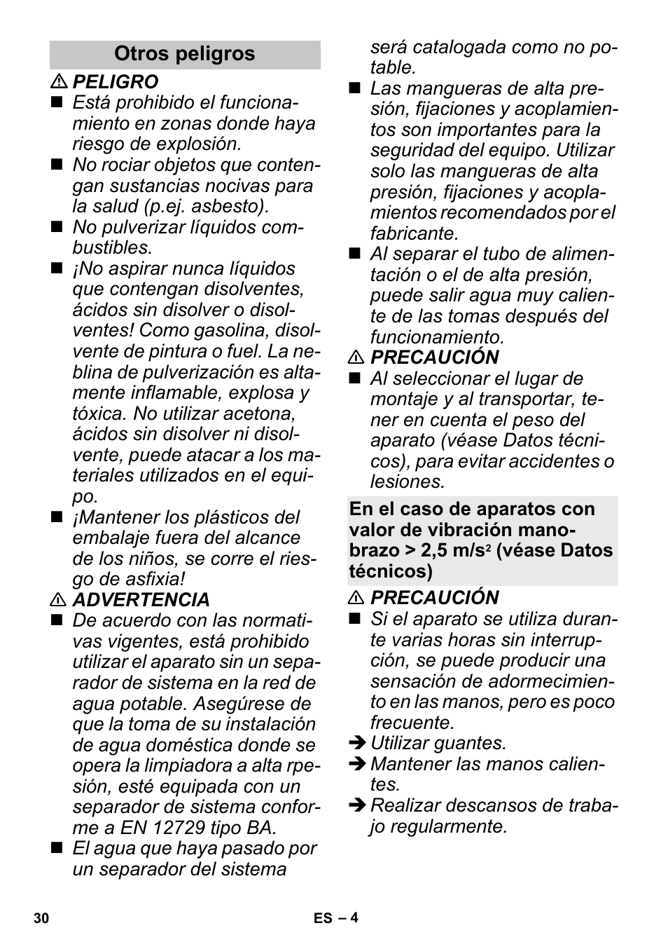 Otros peligros | Karcher K 3 Sport User Manual | Page 30 / 144