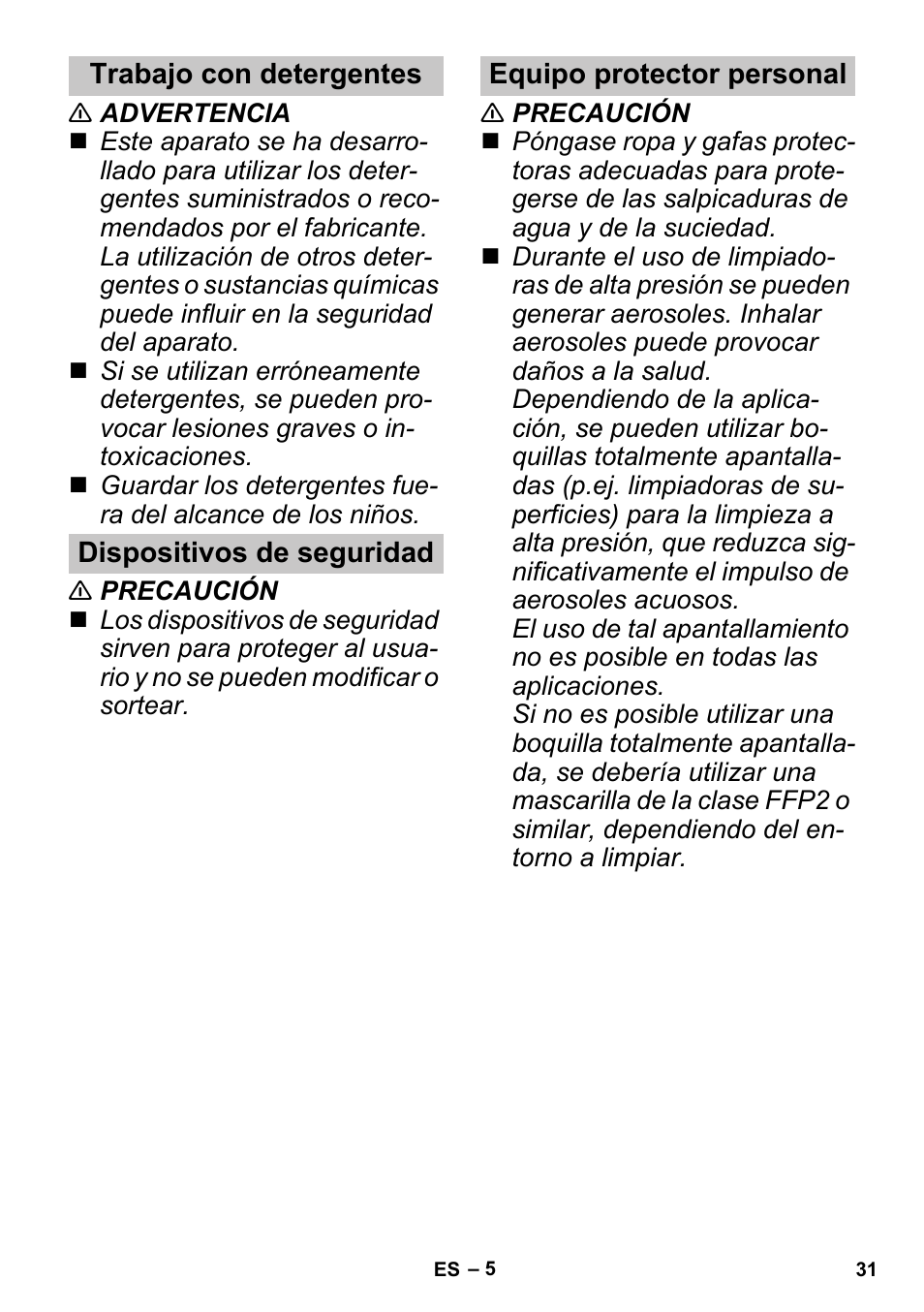 Trabajo con detergentes, Dispositivos de seguridad, Equipo protector personal | Karcher K 3 Sport User Manual | Page 31 / 144