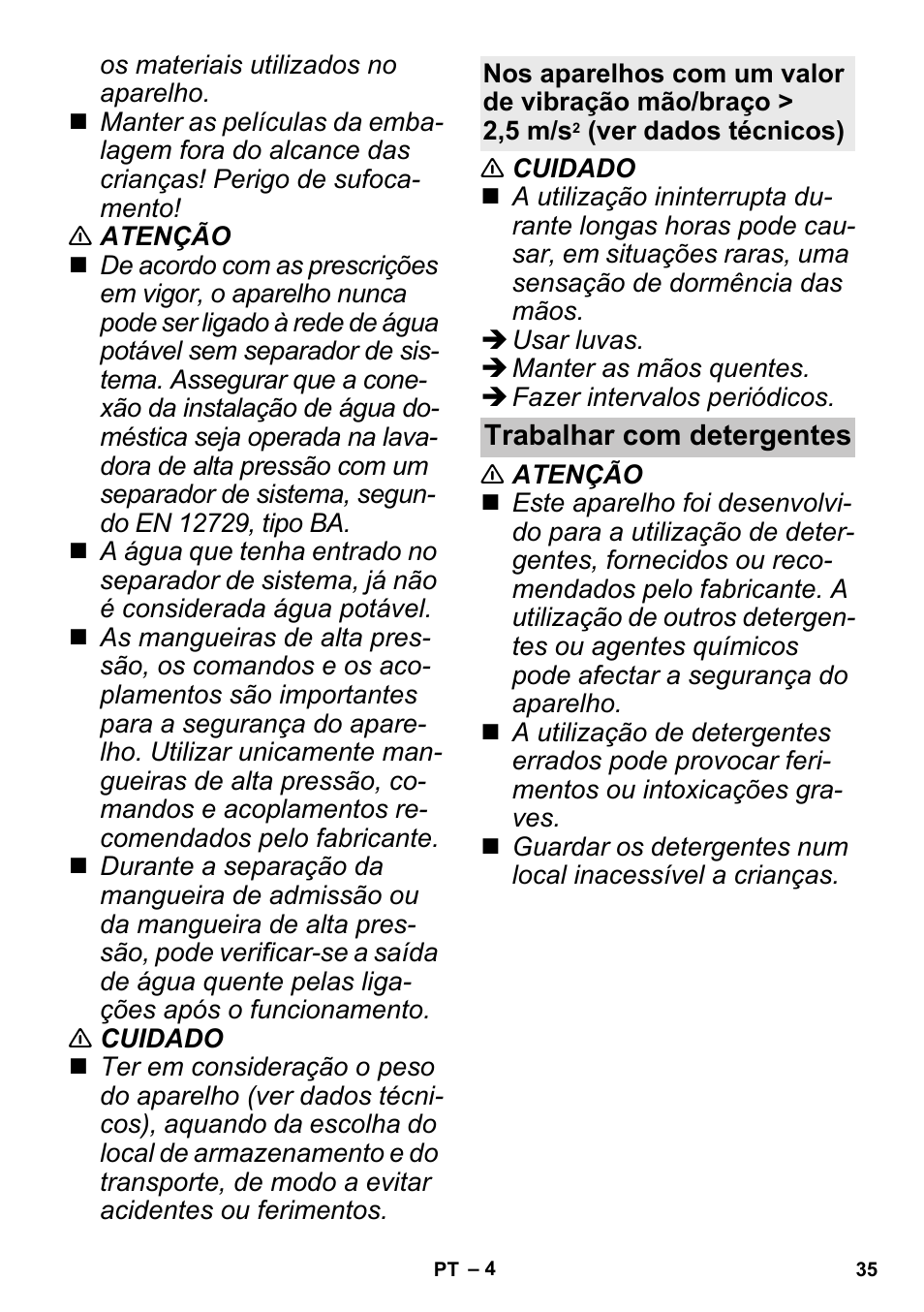 Trabalhar com detergentes | Karcher K 3 Sport User Manual | Page 35 / 144