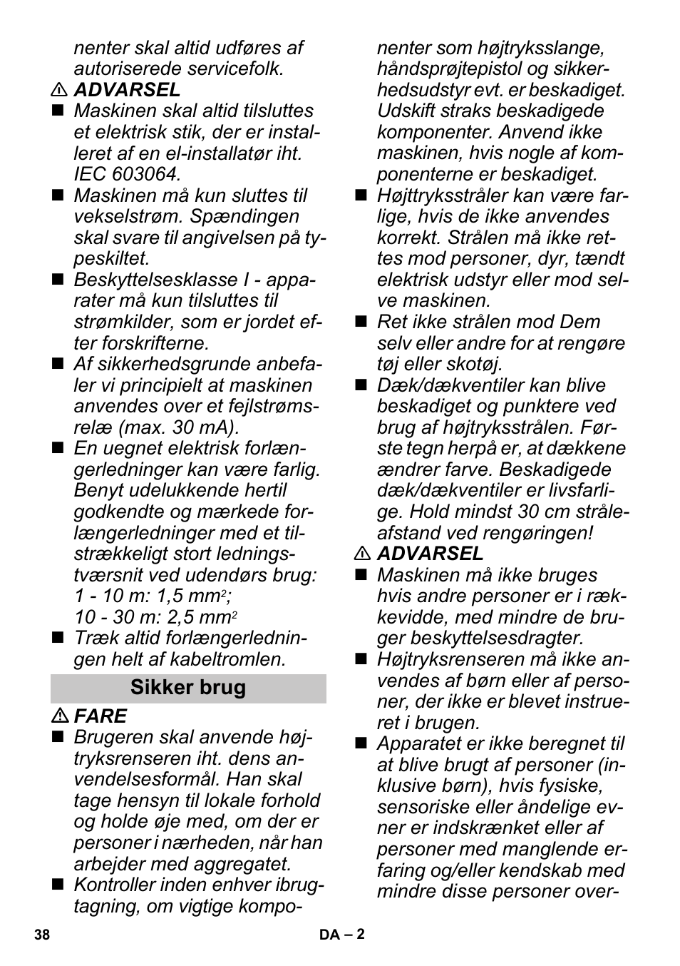 Sikker brug | Karcher K 3 Sport User Manual | Page 38 / 144